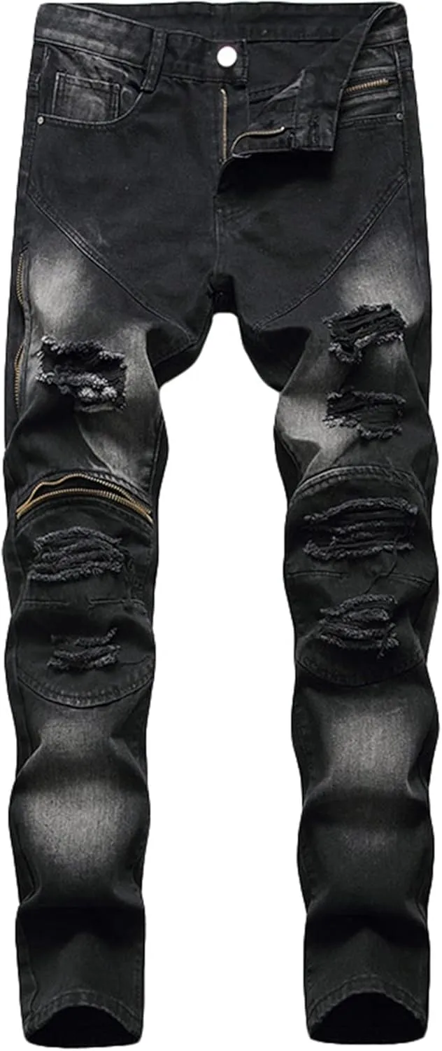 Andongnywell Mens Straight Leg Regular Fit Classic Basic Denim Jeans Classic Biker Jeans Ripped Casual Pants