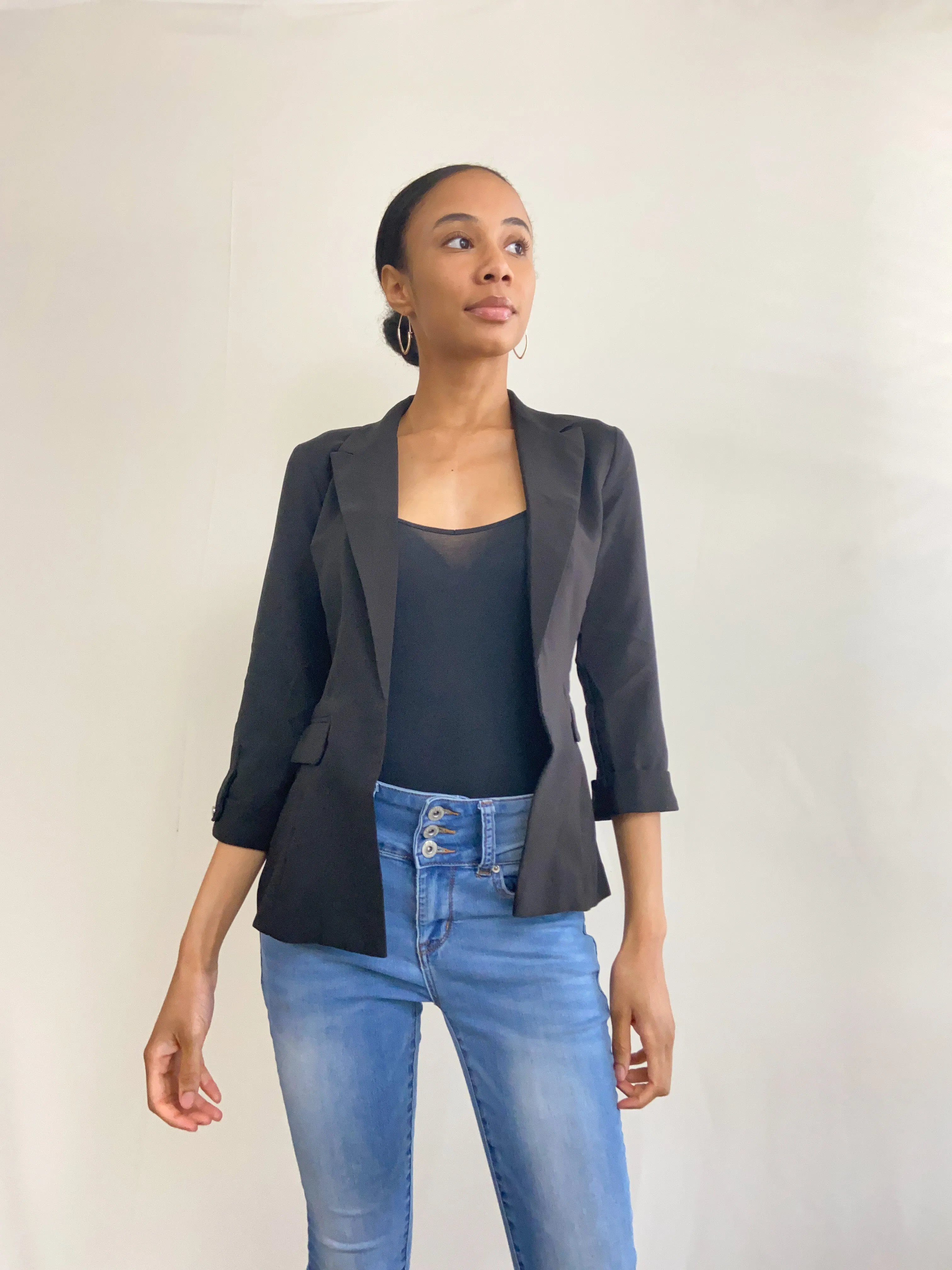 Buttoned Cuff, Black Casual Blazer Jacket
