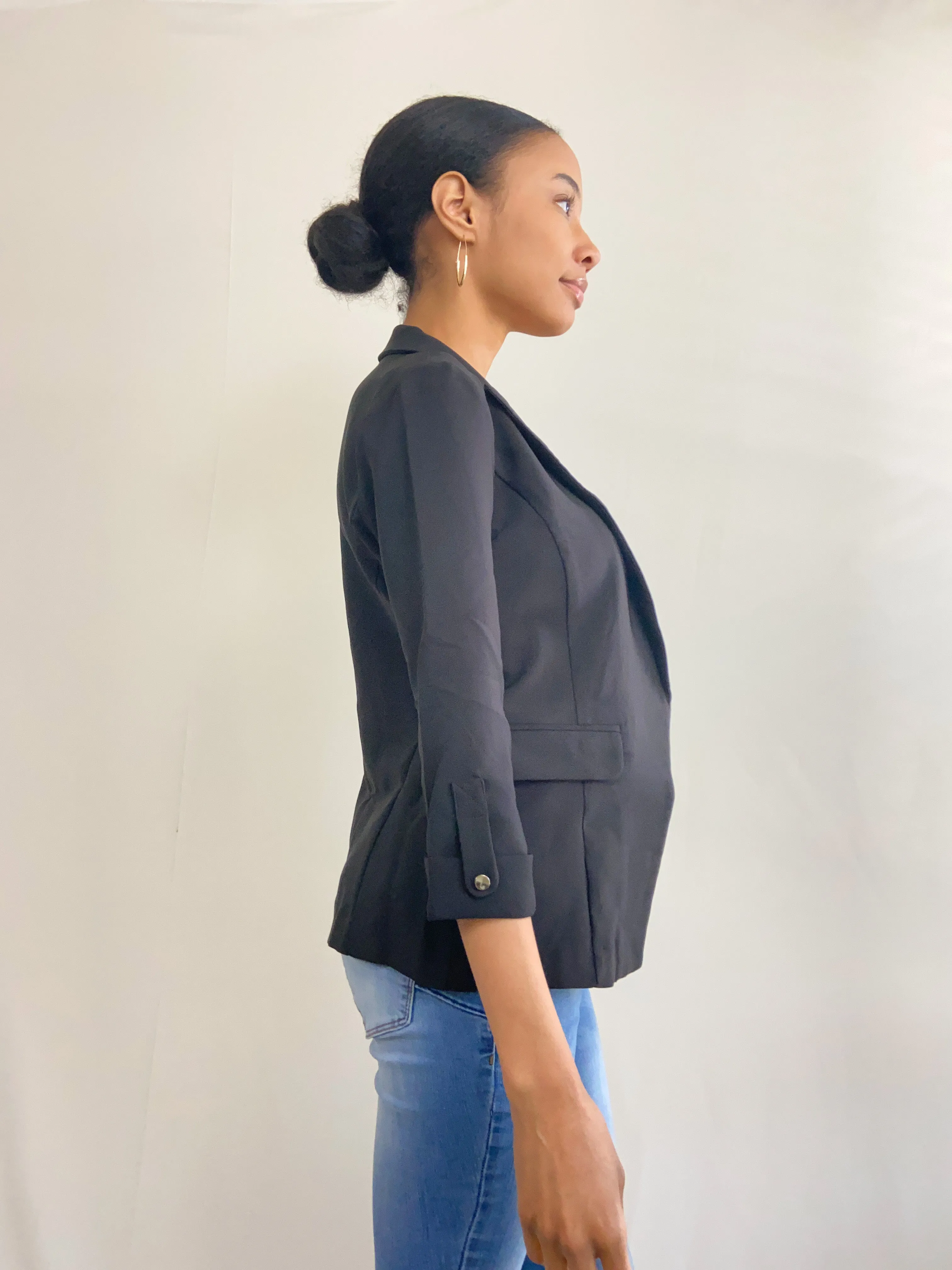 Buttoned Cuff, Black Casual Blazer Jacket