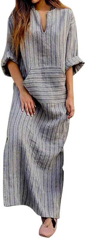Casual Dresses for Women Cotton Linen Striped Maxi Dress with Pockets V Neck Half Sleeve Long Dress Summer Dresses