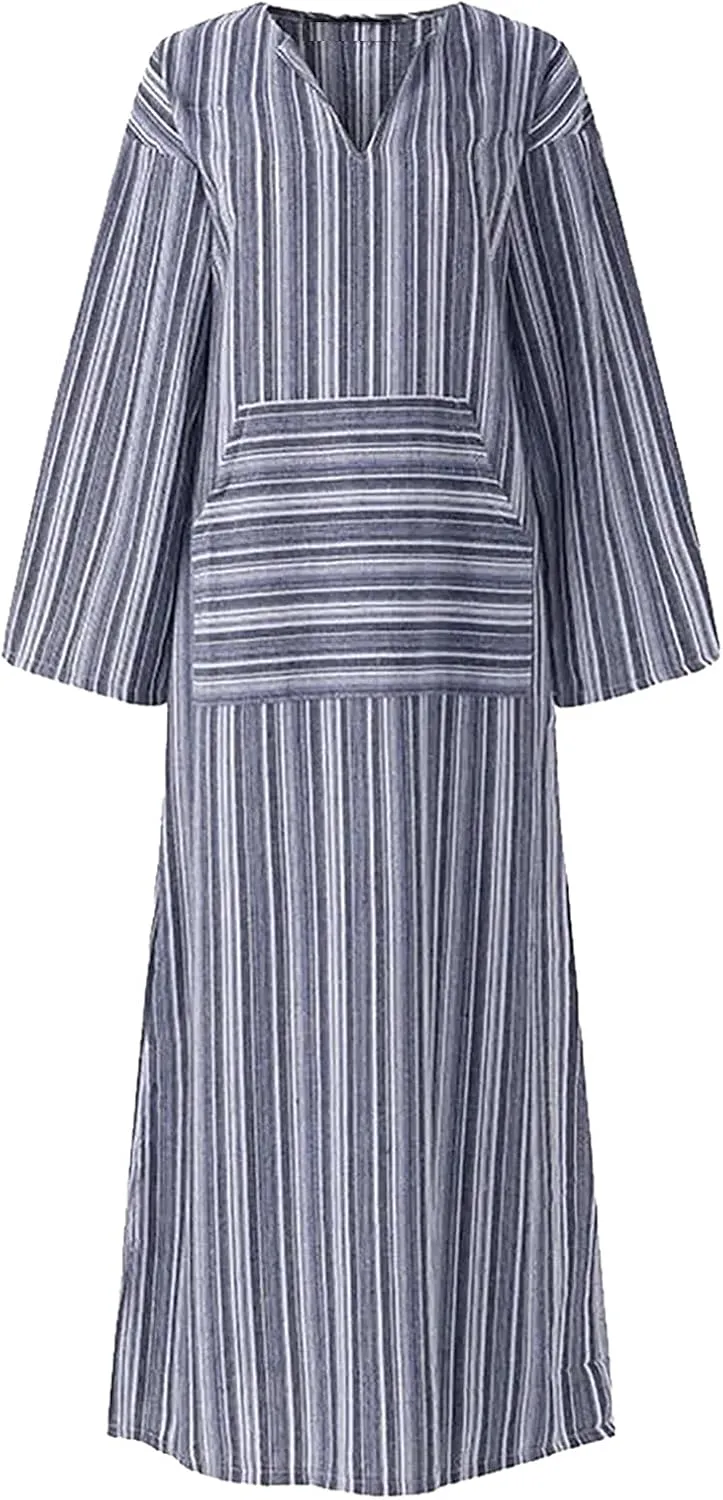 Casual Dresses for Women Cotton Linen Striped Maxi Dress with Pockets V Neck Half Sleeve Long Dress Summer Dresses