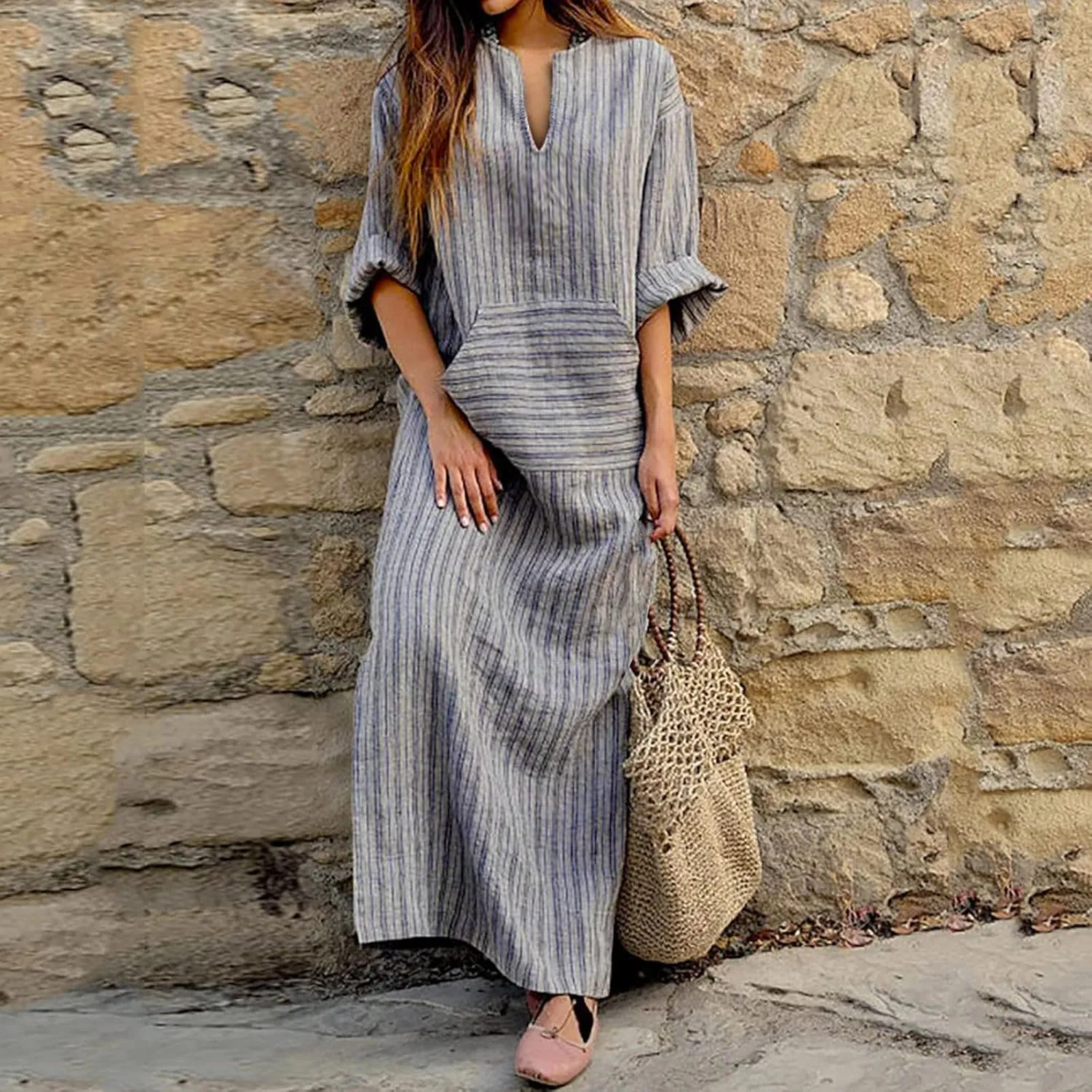 Casual Dresses for Women Cotton Linen Striped Maxi Dress with Pockets V Neck Half Sleeve Long Dress Summer Dresses