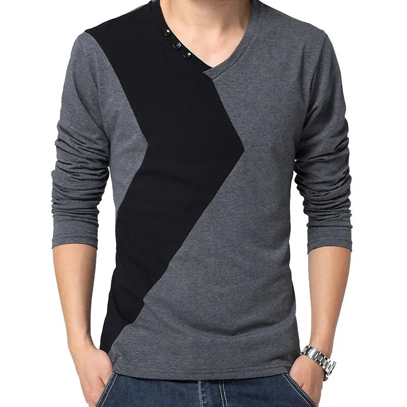 Casual Long Sleeve V Neck Patchwork T-Shirt