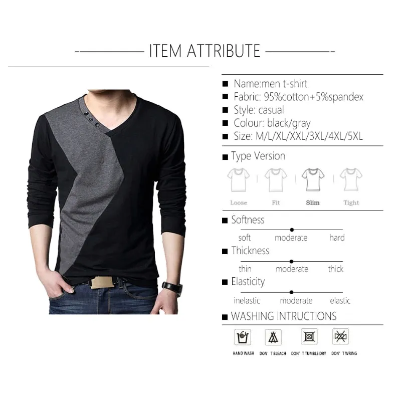 Casual Long Sleeve V Neck Patchwork T-Shirt
