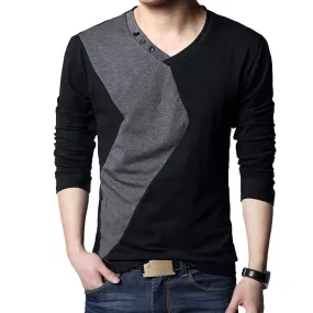 Casual Long Sleeve V Neck Patchwork T-Shirt