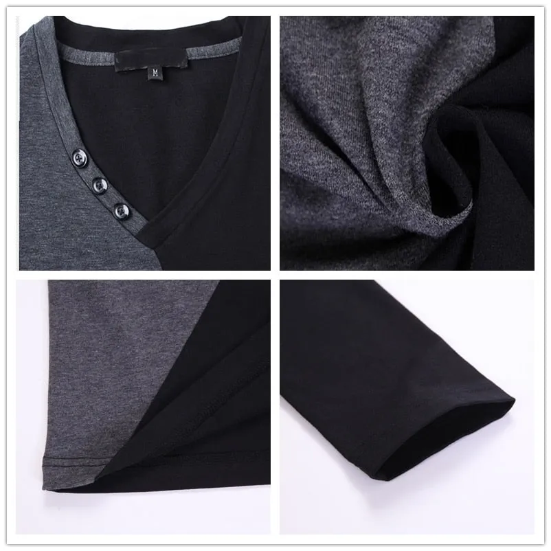 Casual Long Sleeve V Neck Patchwork T-Shirt