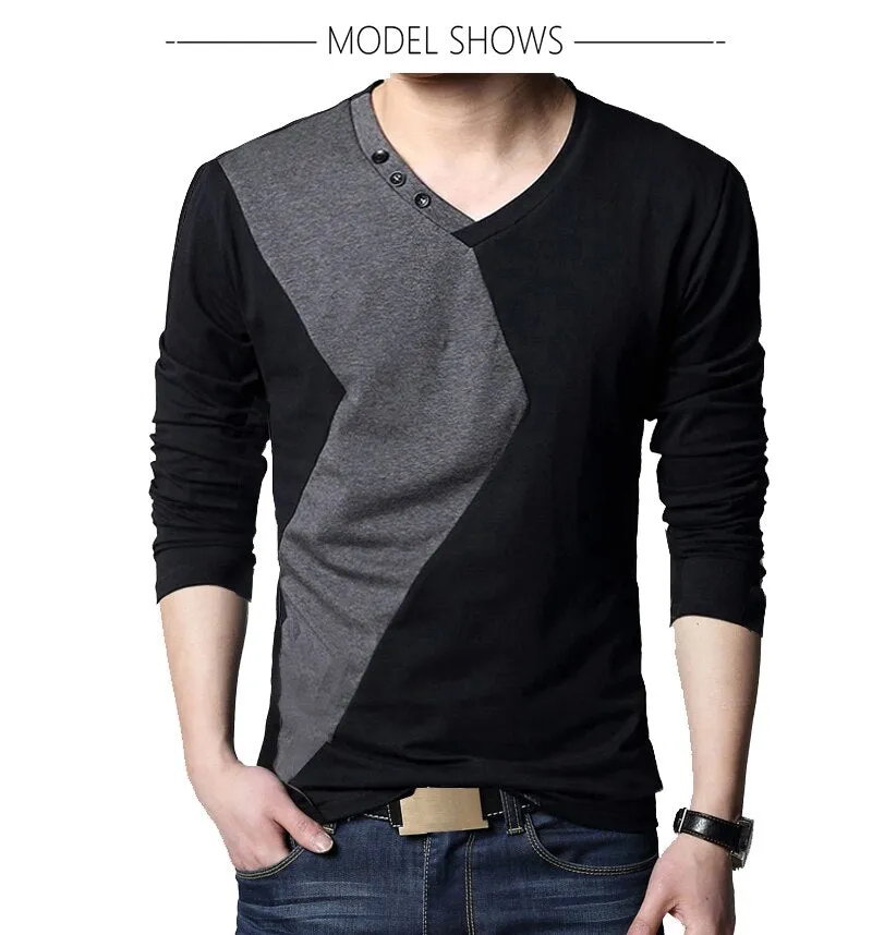 Casual Long Sleeve V Neck Patchwork T-Shirt