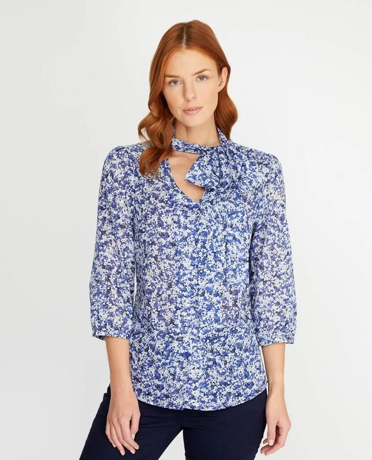 Cobalt Garden Floral Tie Neck Blouse