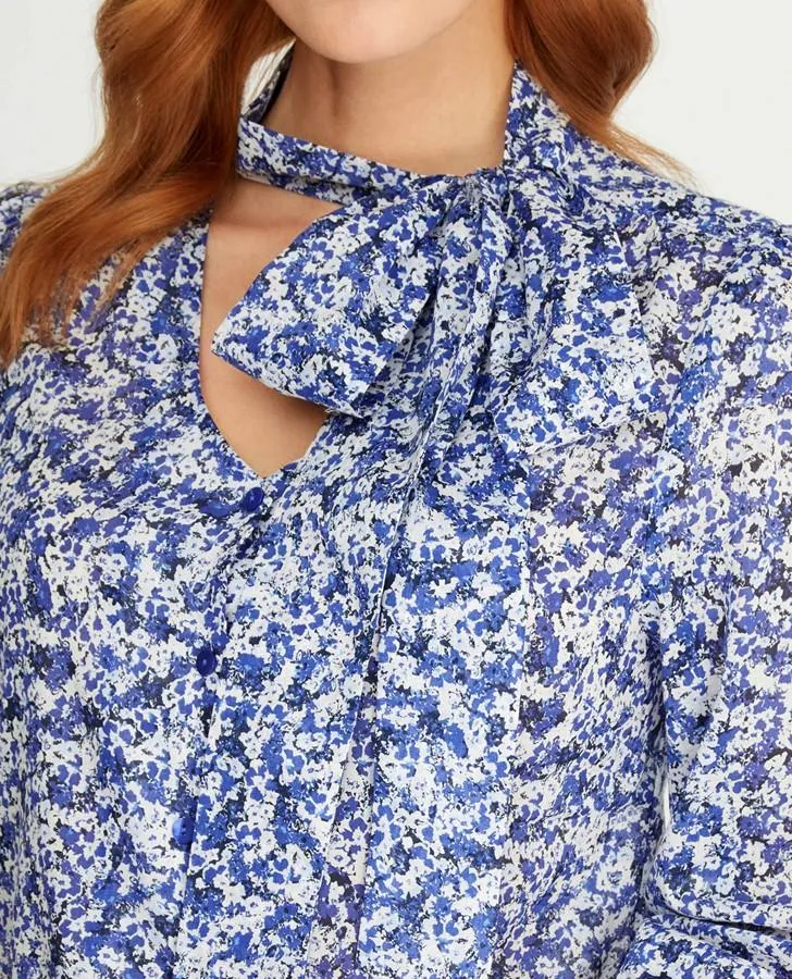 Cobalt Garden Floral Tie Neck Blouse