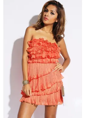 Coral Pink Pleated Chiffon Ruffle Party Mini Dress