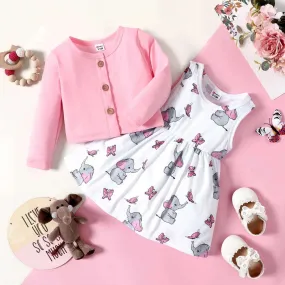 Cotton Long-sleeve Cardigan & Allover Elephant Print Naia Tank Dress Set - Baby Girl (2Pcs)