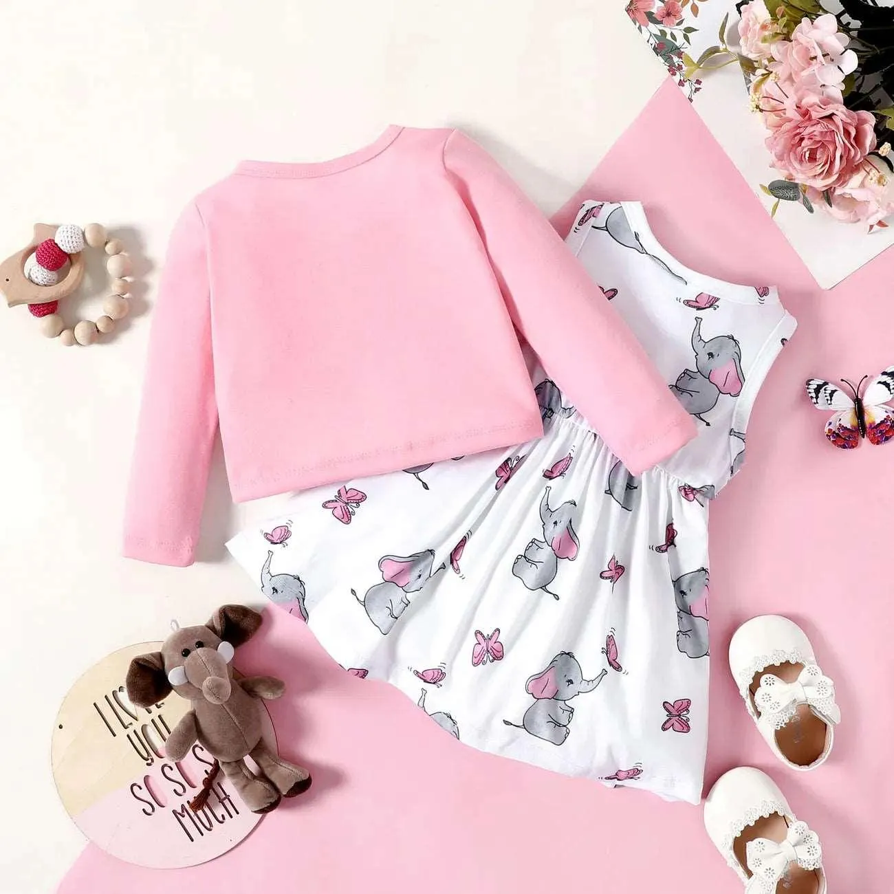 Cotton Long-sleeve Cardigan & Allover Elephant Print Naia Tank Dress Set - Baby Girl (2Pcs)