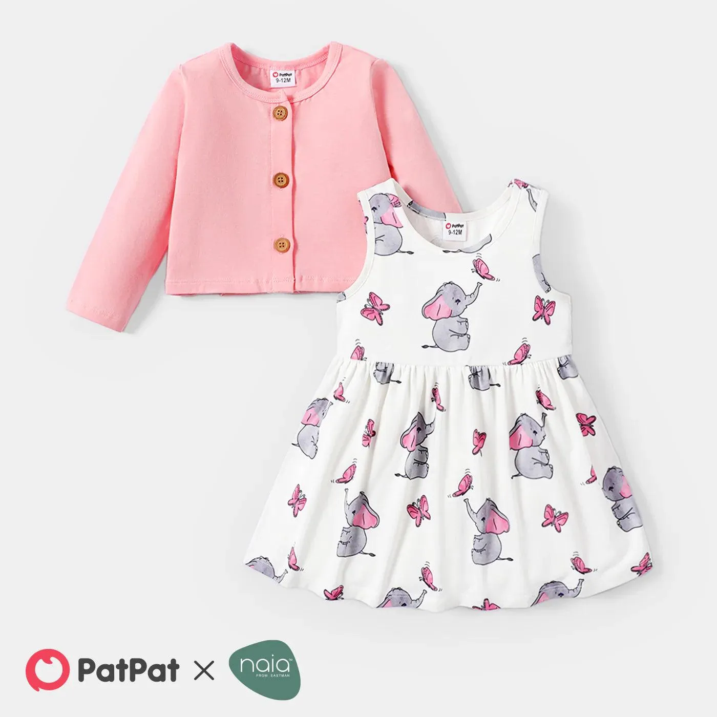 Cotton Long-sleeve Cardigan & Allover Elephant Print Naia Tank Dress Set - Baby Girl (2Pcs)