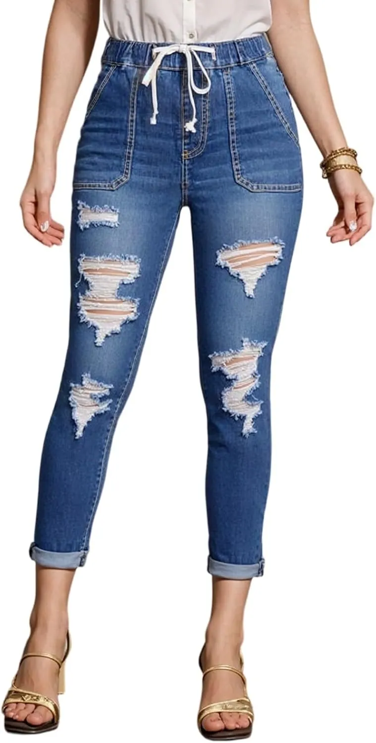Drawstring High Waisted Jeans for Women Stretchy Tummy Control Pull On Jeans Distressed Classic Jeggings Denim Pants