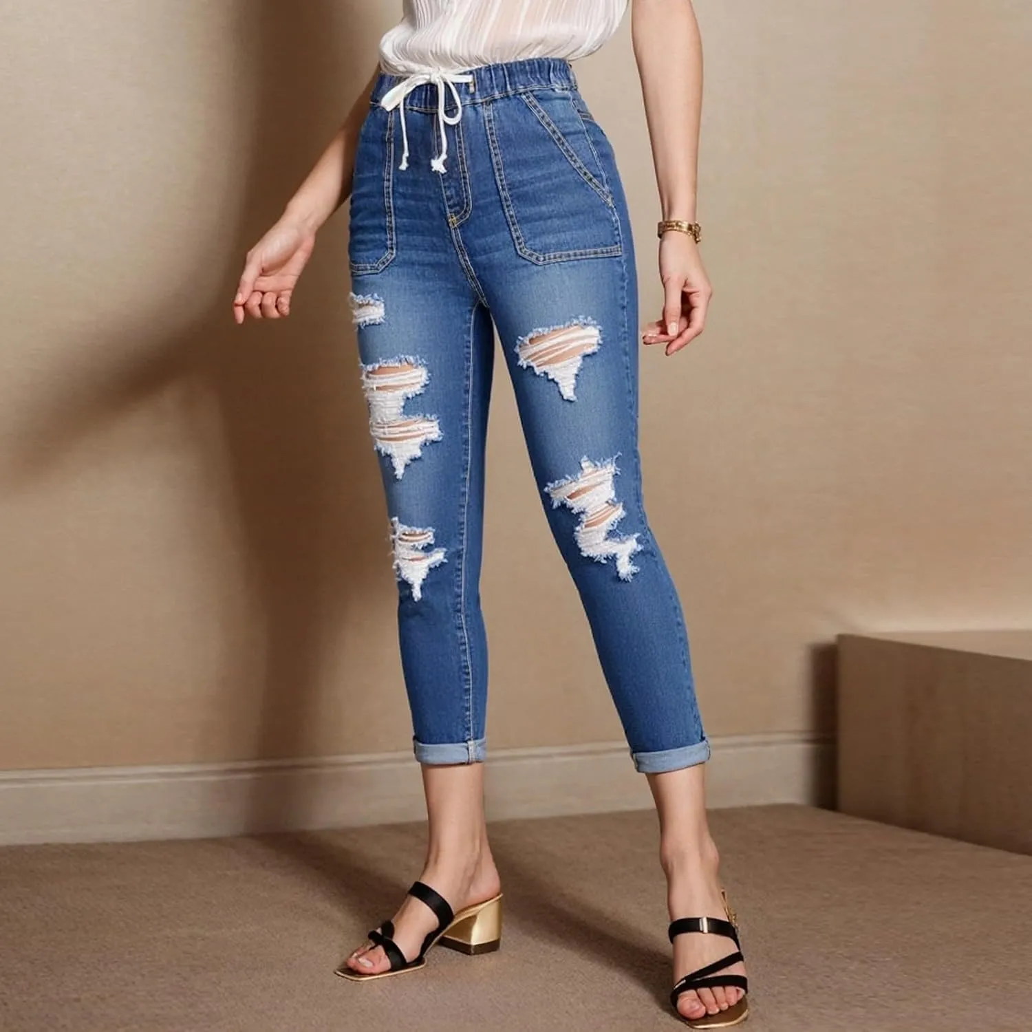 Drawstring High Waisted Jeans for Women Stretchy Tummy Control Pull On Jeans Distressed Classic Jeggings Denim Pants