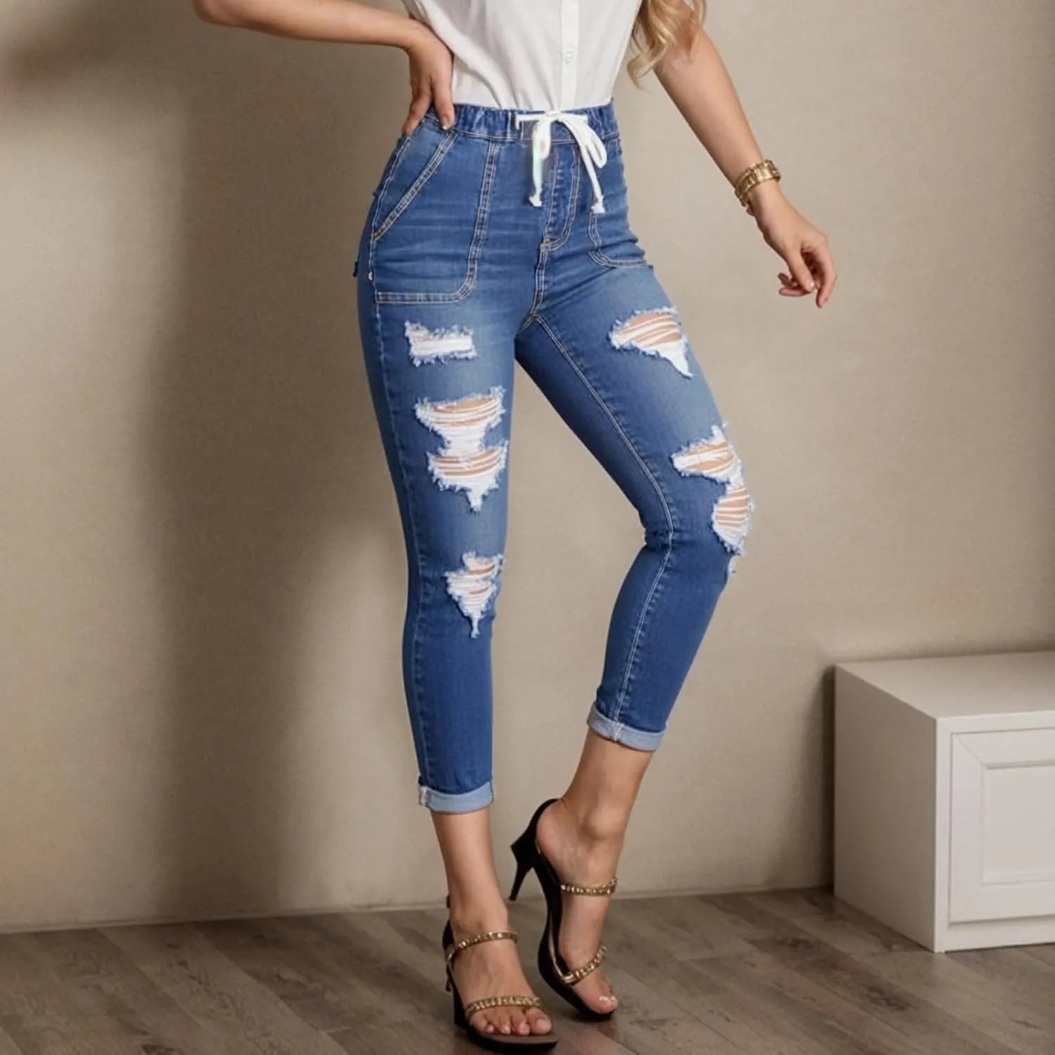 Drawstring High Waisted Jeans for Women Stretchy Tummy Control Pull On Jeans Distressed Classic Jeggings Denim Pants