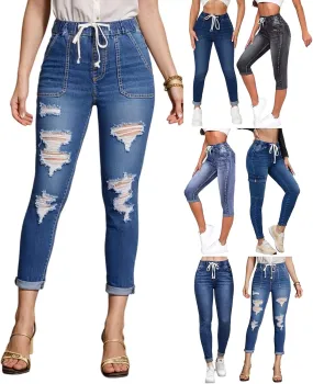 Drawstring High Waisted Jeans for Women Stretchy Tummy Control Pull On Jeans Distressed Classic Jeggings Denim Pants
