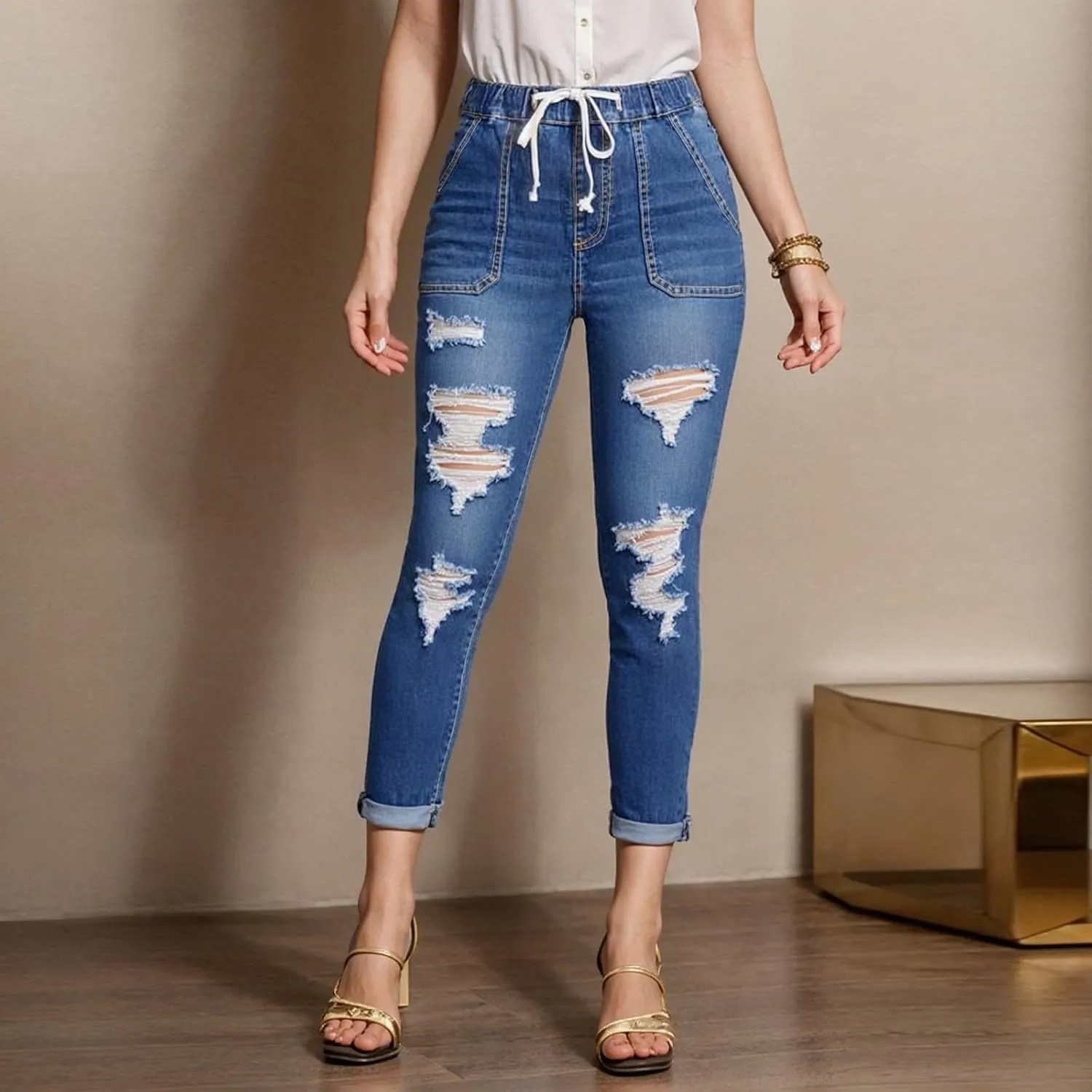 Drawstring High Waisted Jeans for Women Stretchy Tummy Control Pull On Jeans Distressed Classic Jeggings Denim Pants