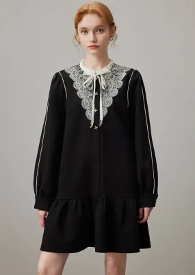 EMBROIDERED A-LINE LOOSE BLACK DRESS