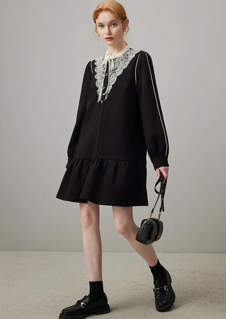 EMBROIDERED A-LINE LOOSE BLACK DRESS