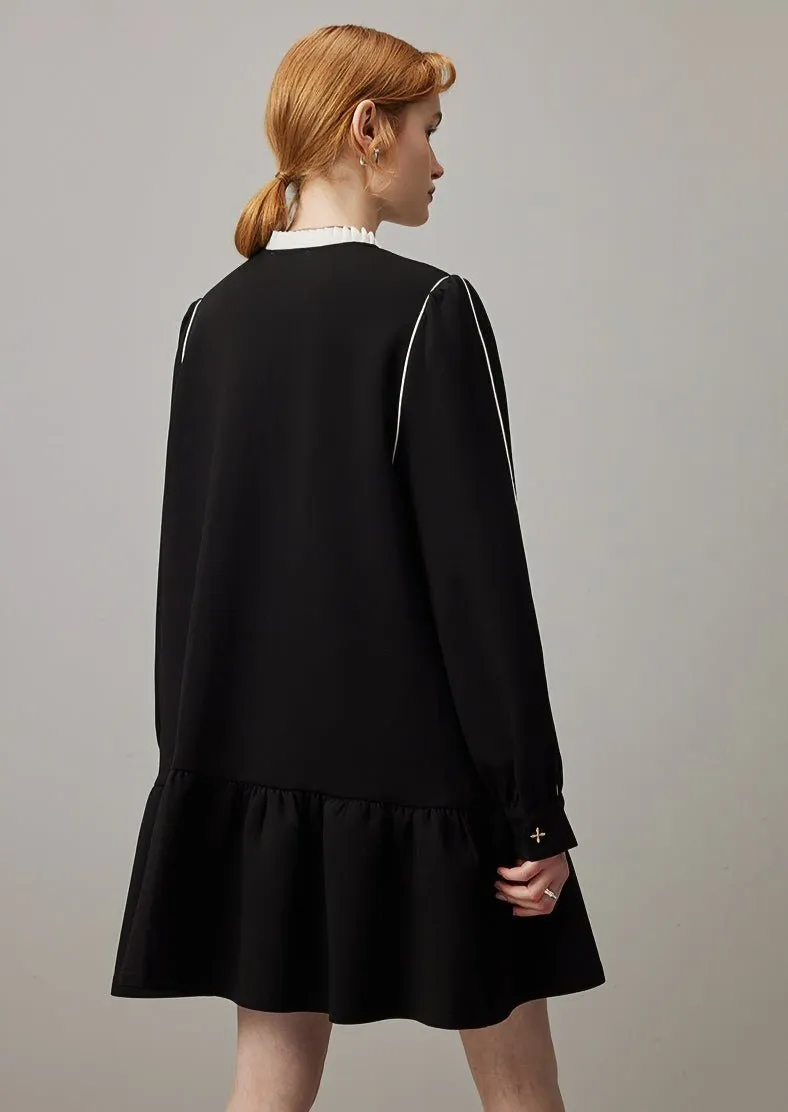 EMBROIDERED A-LINE LOOSE BLACK DRESS