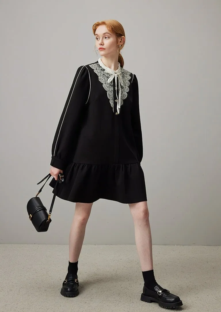 EMBROIDERED A-LINE LOOSE BLACK DRESS