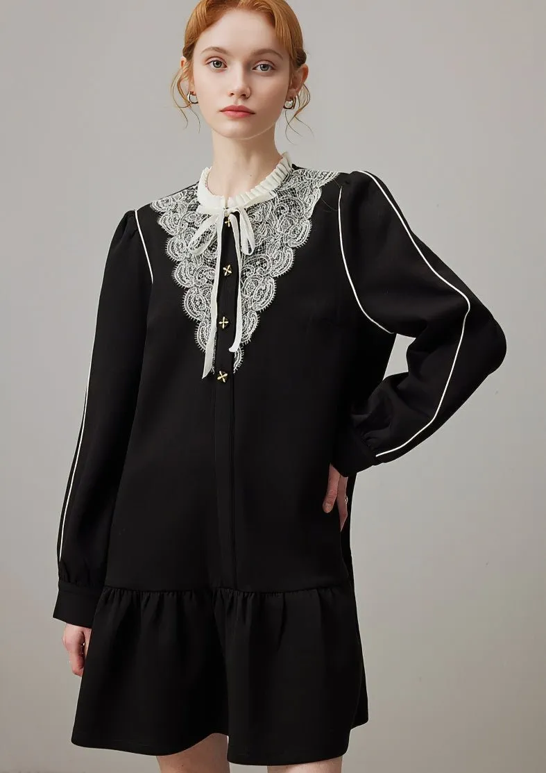 EMBROIDERED A-LINE LOOSE BLACK DRESS