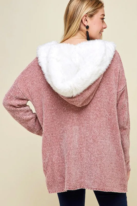 Emryn Chenille Open Front Fur Trimmed Cardigan - Dusty Rose