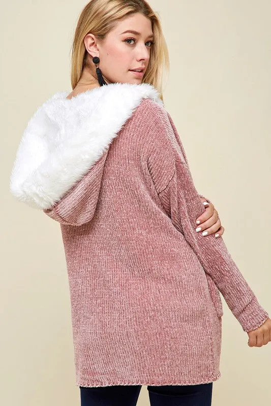 Emryn Chenille Open Front Fur Trimmed Cardigan - Dusty Rose