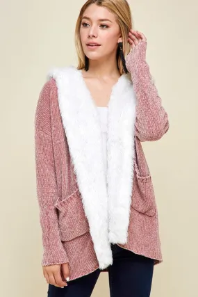 Emryn Chenille Open Front Fur Trimmed Cardigan - Dusty Rose