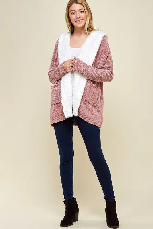Emryn Chenille Open Front Fur Trimmed Cardigan - Dusty Rose