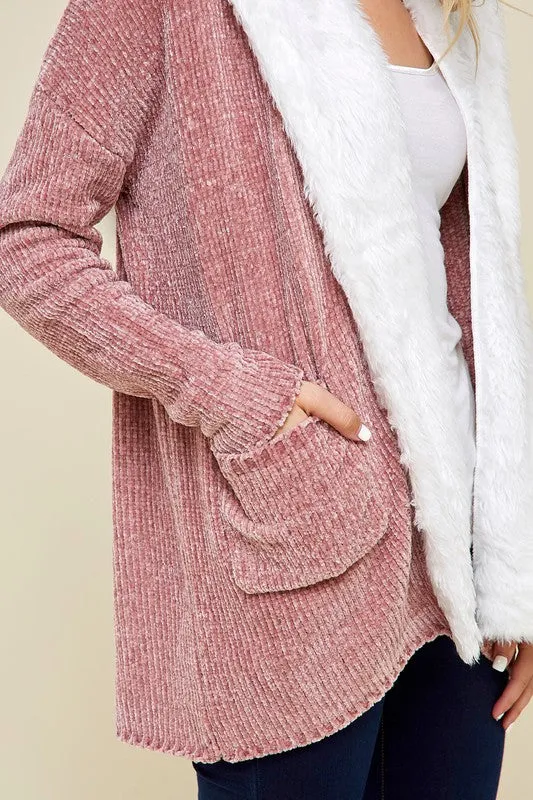 Emryn Chenille Open Front Fur Trimmed Cardigan - Dusty Rose