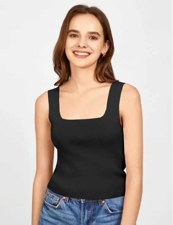 Eva Square Neck Sweater Tank- Black