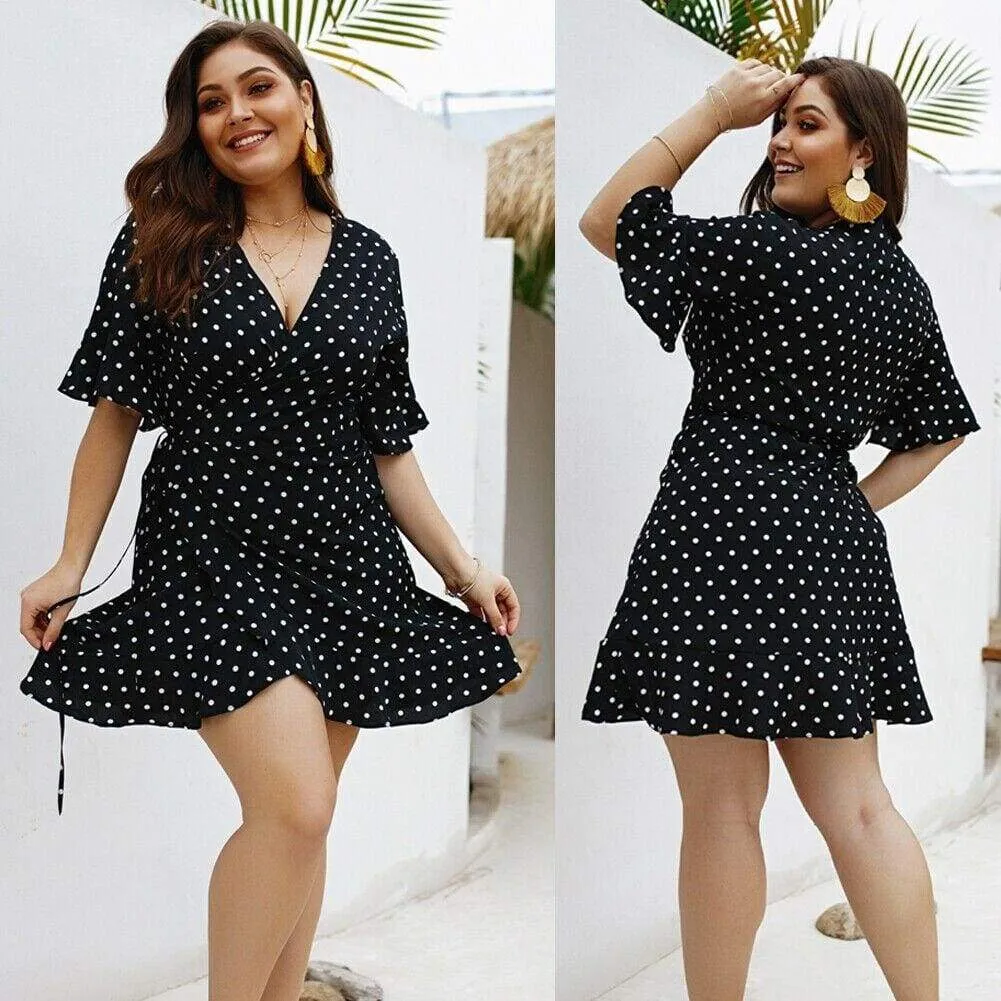 FashionSierra - Plus Size Women Summer High Waist Polka Dot Boho Beach Dress New Fashion Ladies Beach Dress Casual Short Sleeve V-Neck Sundress