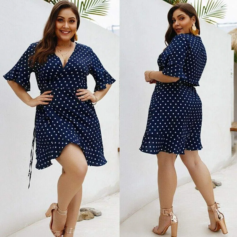 FashionSierra - Plus Size Women Summer High Waist Polka Dot Boho Beach Dress New Fashion Ladies Beach Dress Casual Short Sleeve V-Neck Sundress