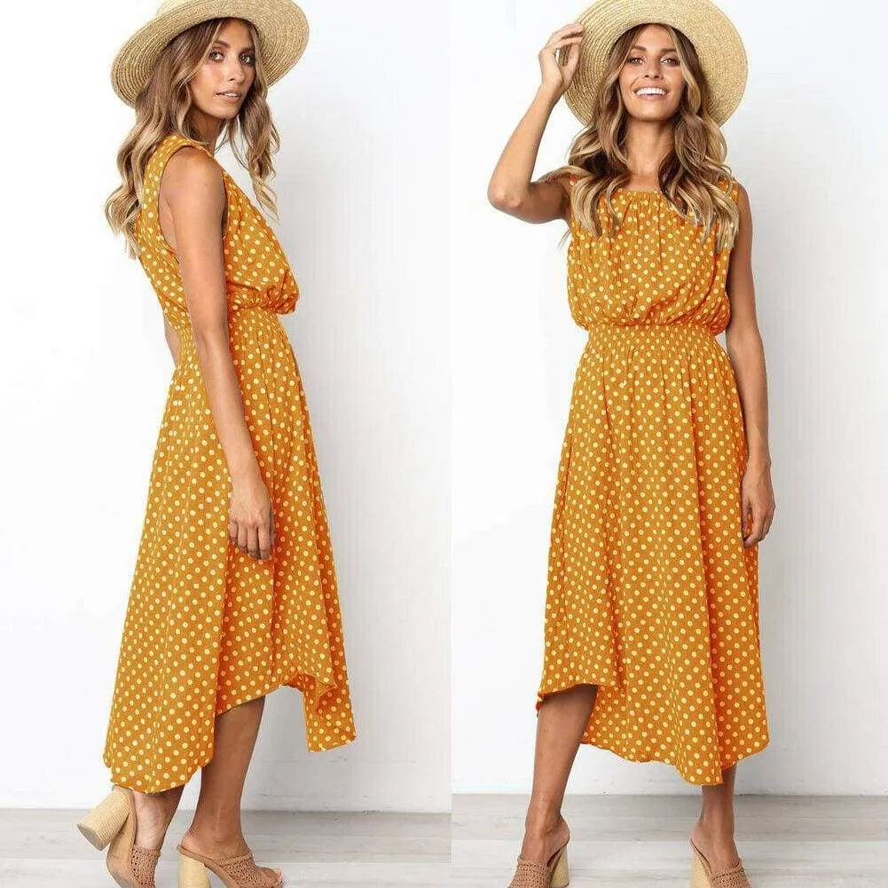 FashionSierra - Women Boho Sleeveless Midi Dress Polka Dot Fashion Summer Party High Waist O-Neck Holiday Beach Dress Sundress