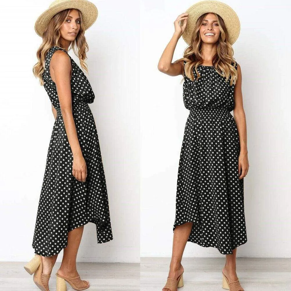 FashionSierra - Women Boho Sleeveless Midi Dress Polka Dot Fashion Summer Party High Waist O-Neck Holiday Beach Dress Sundress
