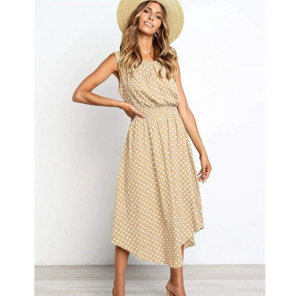 FashionSierra - Women Boho Sleeveless Midi Dress Polka Dot Fashion Summer Party High Waist O-Neck Holiday Beach Dress Sundress