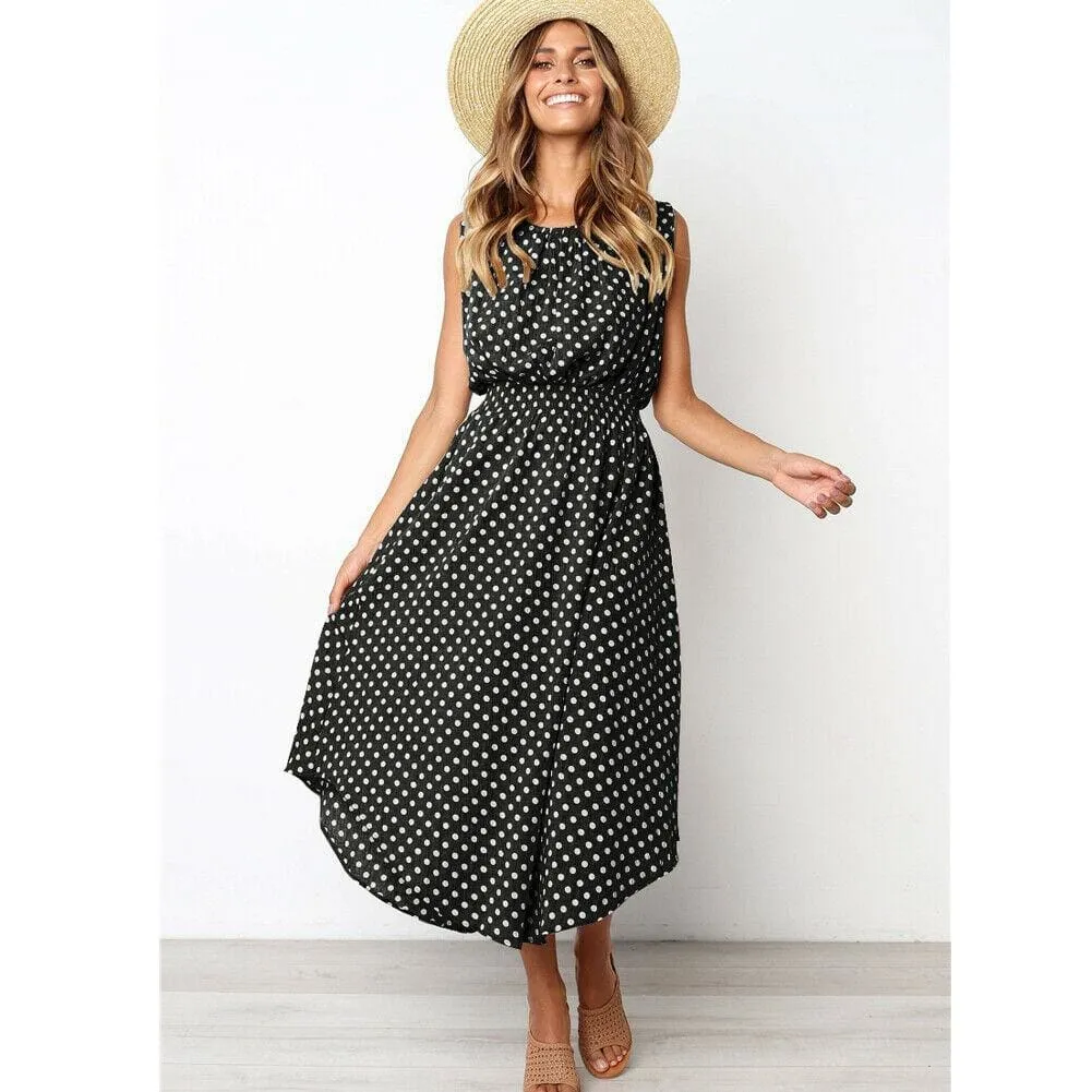 FashionSierra - Women Boho Sleeveless Midi Dress Polka Dot Fashion Summer Party High Waist O-Neck Holiday Beach Dress Sundress