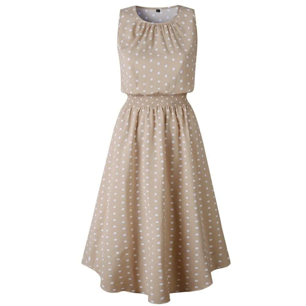 FashionSierra - Women Boho Sleeveless Midi Dress Polka Dot Fashion Summer Party High Waist O-Neck Holiday Beach Dress Sundress