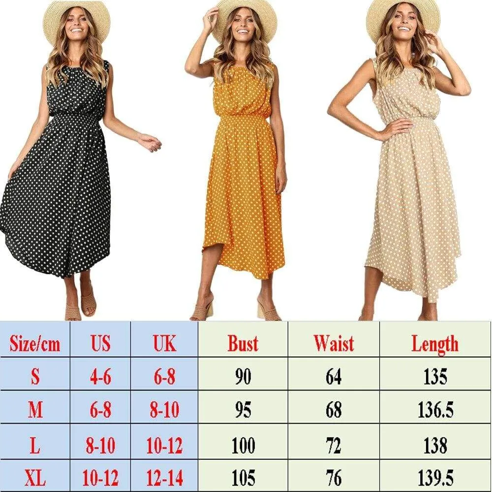 FashionSierra - Women Boho Sleeveless Midi Dress Polka Dot Fashion Summer Party High Waist O-Neck Holiday Beach Dress Sundress