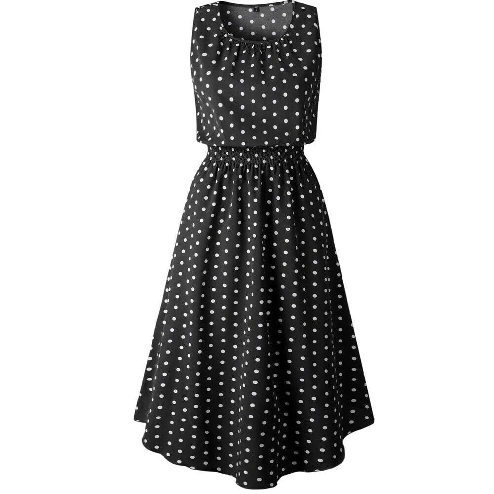 FashionSierra - Women Boho Sleeveless Midi Dress Polka Dot Fashion Summer Party High Waist O-Neck Holiday Beach Dress Sundress