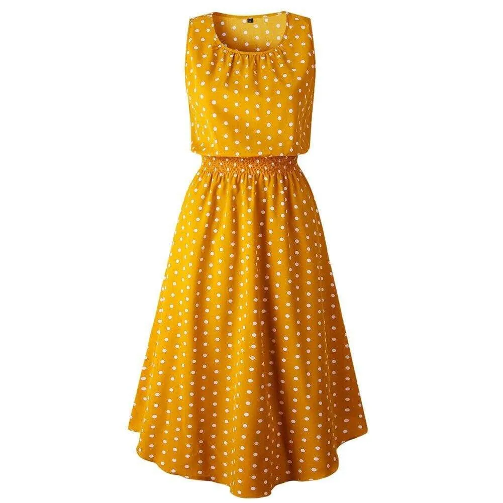 FashionSierra - Women Boho Sleeveless Midi Dress Polka Dot Fashion Summer Party High Waist O-Neck Holiday Beach Dress Sundress