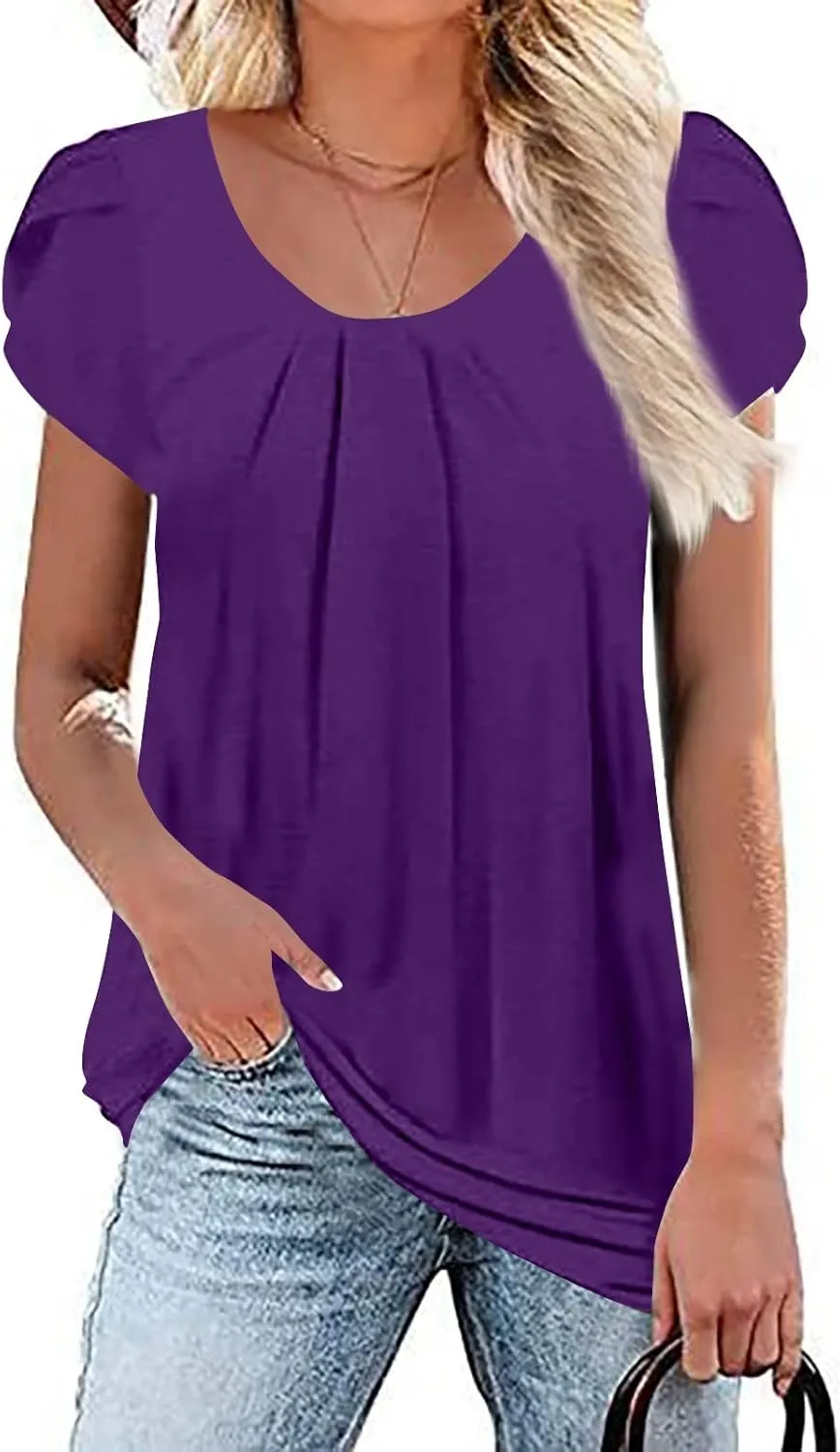 FlekmanArt Blouses for Women Fashion 2025 Summer Round Neck Petal Sleeve Breathable Tops Floral Printing Hide Belly T Shirts