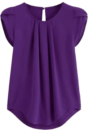 FlekmanArt Blouses for Women Fashion 2025 Summer Round Neck Petal Sleeve Breathable Tops Floral Printing Hide Belly T Shirts