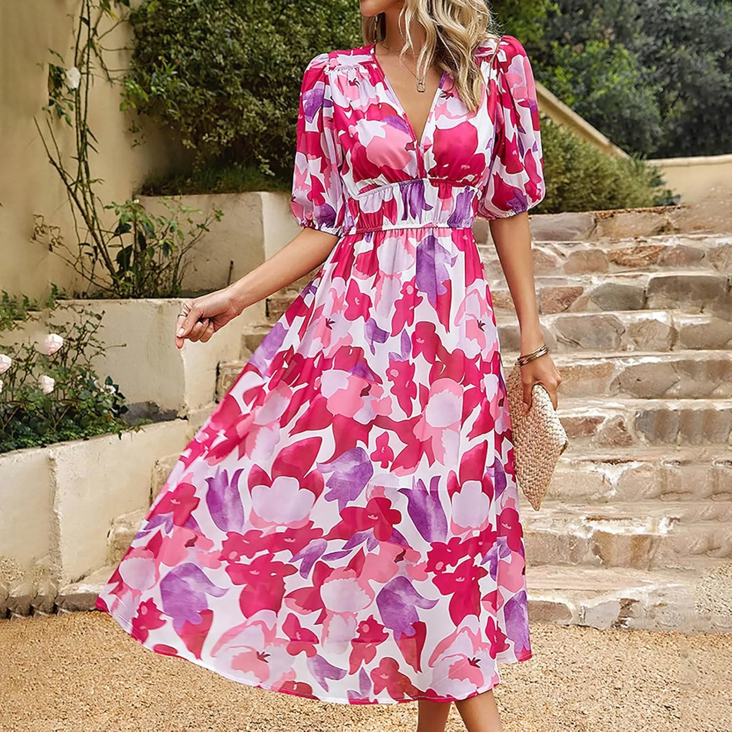 Floral Dress for Women Casual Ruched V Neck Long Dress Half Puff Sleeve Elastic Waist Boho Maxi Dress Summer Dresses