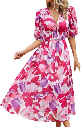 Floral Dress for Women Casual Ruched V Neck Long Dress Half Puff Sleeve Elastic Waist Boho Maxi Dress Summer Dresses