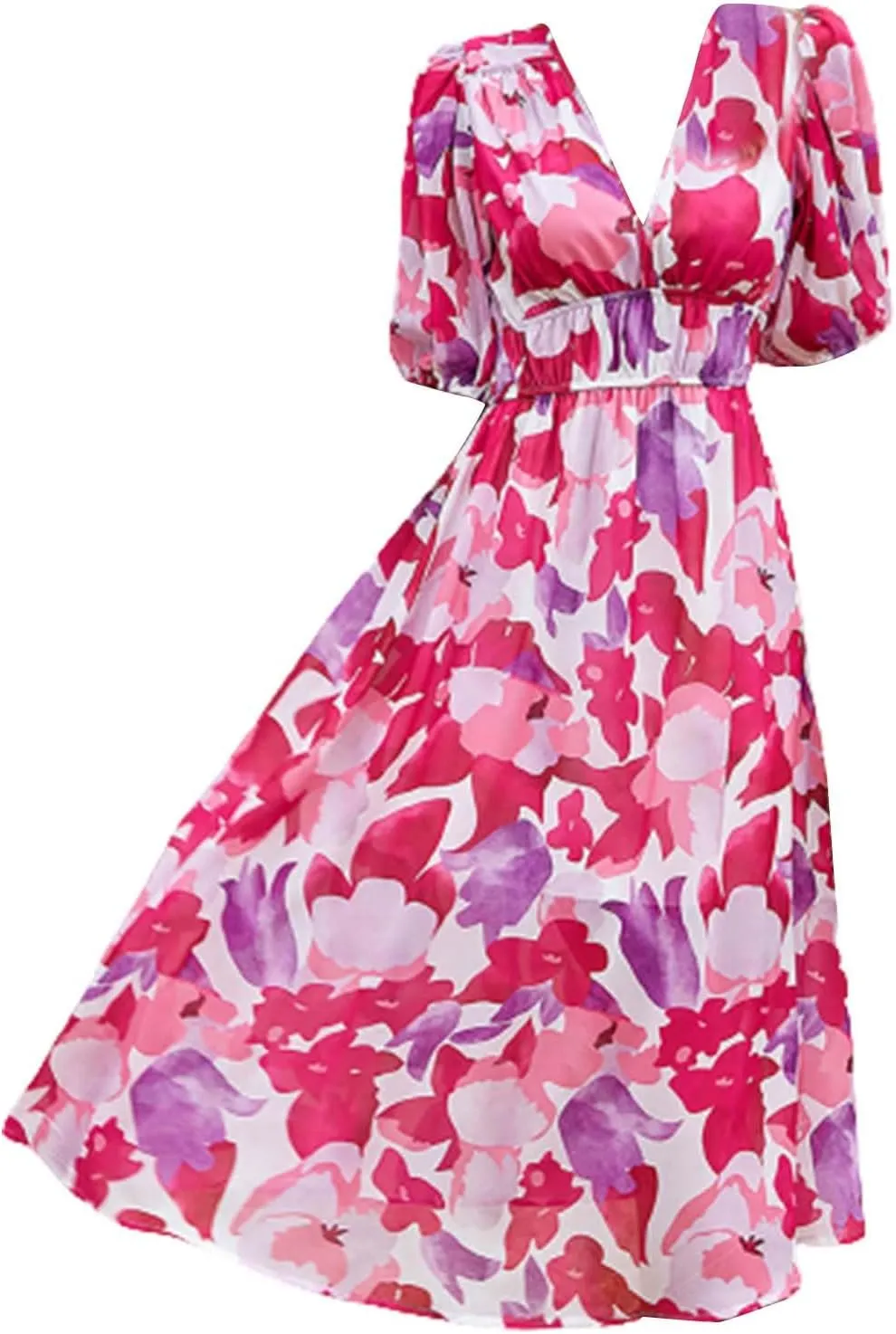 Floral Dress for Women Casual Ruched V Neck Long Dress Half Puff Sleeve Elastic Waist Boho Maxi Dress Summer Dresses