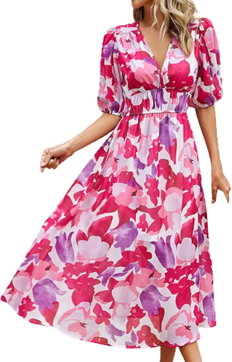 Floral Dress for Women Casual Ruched V Neck Long Dress Half Puff Sleeve Elastic Waist Boho Maxi Dress Summer Dresses