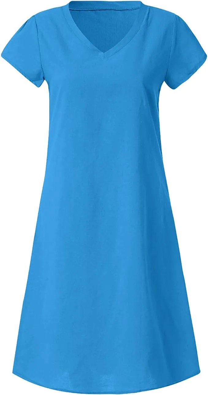 Fronage Women's Cotton Linen Midi Dress V Neck Short Sleeve Causal Loose Tshirt Dresses Summer